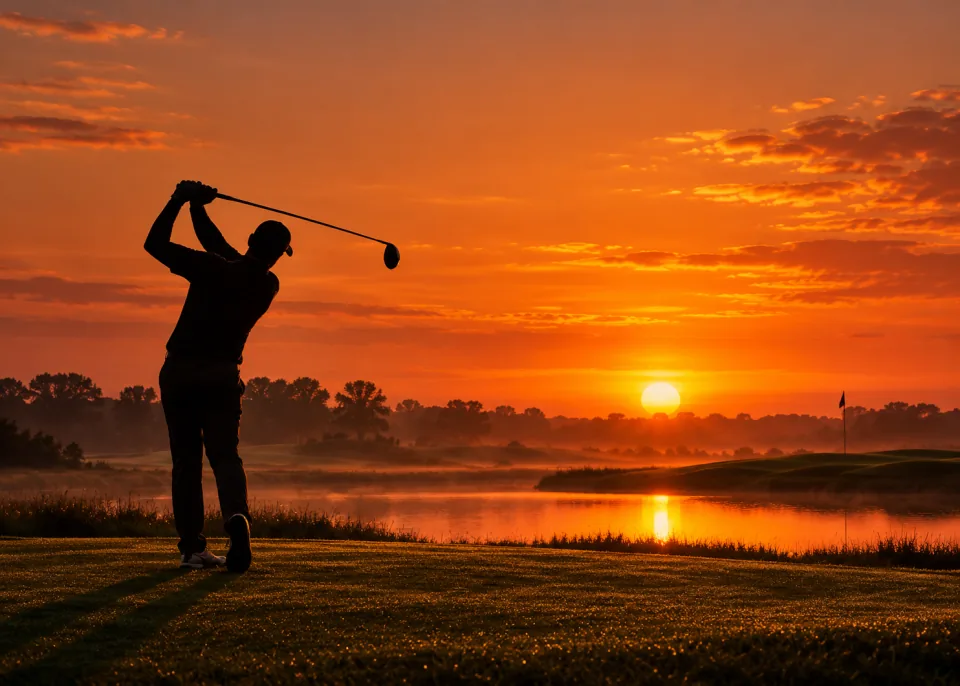Backswing: A golfer in silhouette at the top of the backswing against a burning orange evening sky.