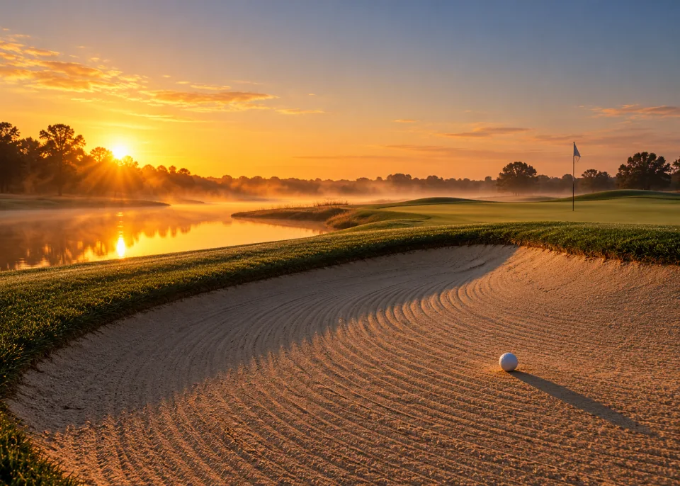 Bunker Lines: A sand bunker with neat rake lines in low sun, a single ball casting a long shadow.