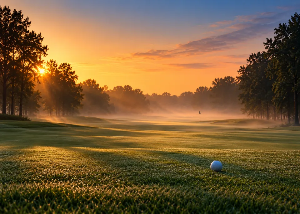 Dawn Fairway: A misty fairway at dawn lined with dark trees, a single ball resting in the short grass.