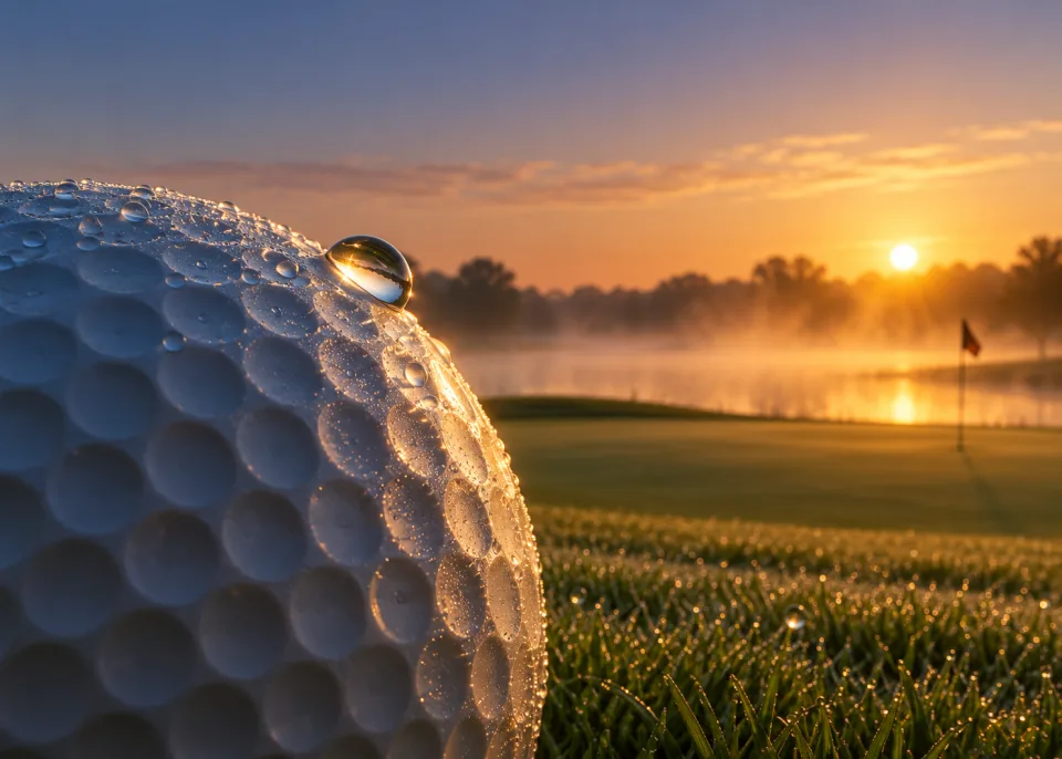 Dimples: Extreme close-up of a golf ball's dimples with a single drop of dew, raking light.