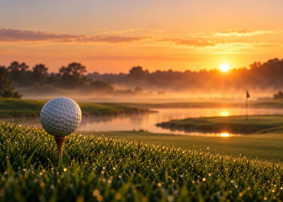 First Tee: A white golf ball on a wooden tee in dewy grass, low camera angle, golden sunrise bokeh behind.