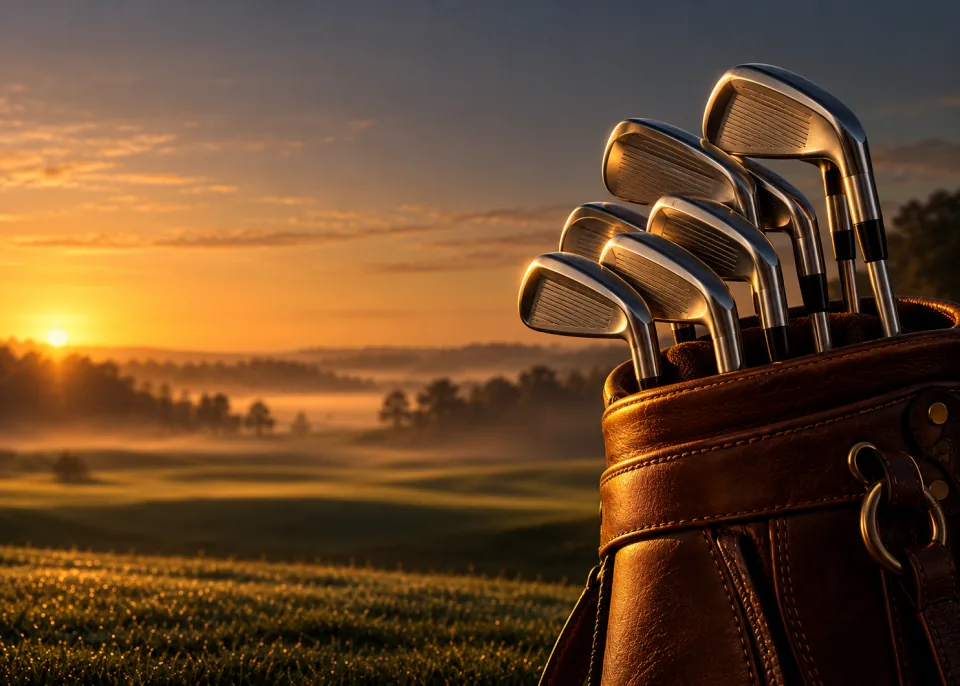 The Irons: A row of polished irons in a leather golf bag, warm side light, dark background.