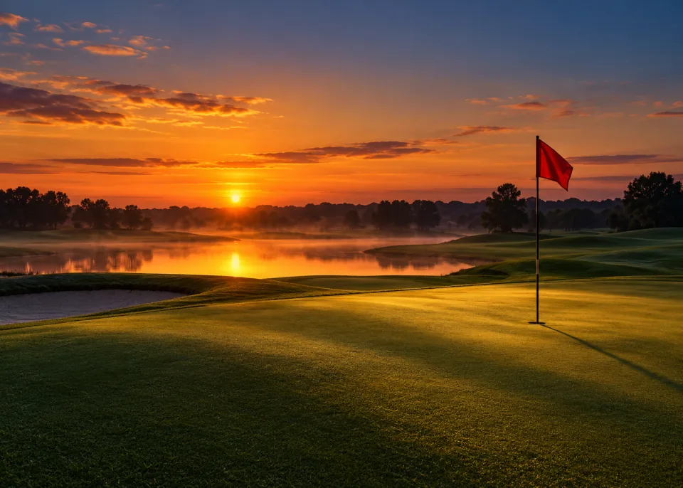 The Pin: A plain red flag on its pin over the cup on a putting green at dusk, long shadows across the grass.