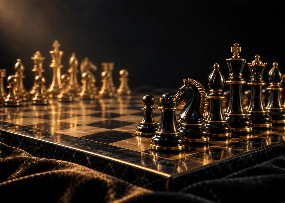 Black and Gold: A black and gold chess set on dark velvet, macro, metallic reflections.