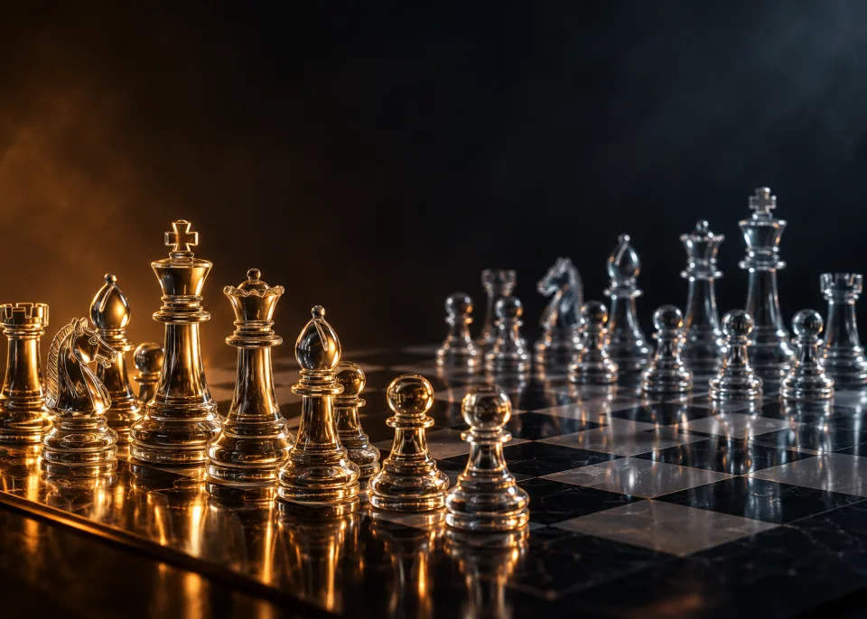 Glass Set: A clear glass chess set on a black surface, the pieces catching rim light like crystal.