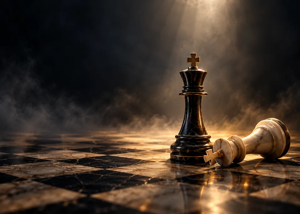 Last King: A black king standing alone on a marble chessboard, the white king toppled beside it, a single spotlight from above.