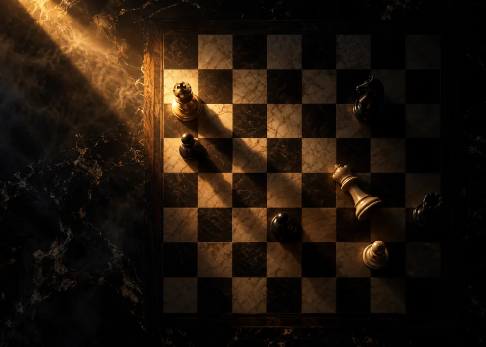 Overhead: A chessboard seen from directly above in near darkness, a few pieces lit by one narrow beam.