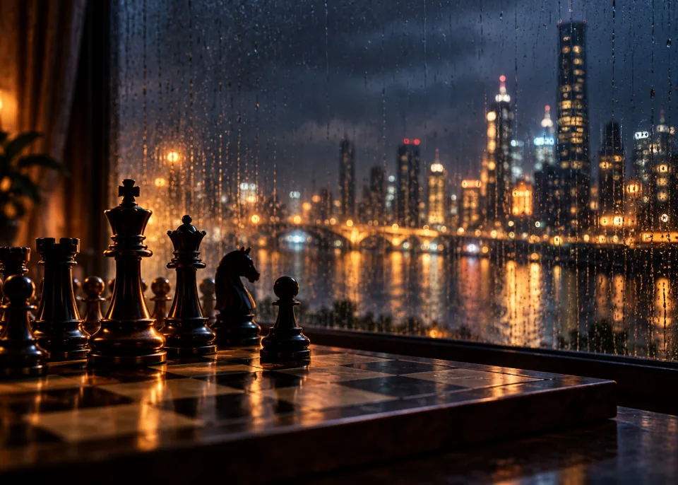 Rainy Game: Chess pieces in silhouette on a board beside a rain-streaked window at night, city lights blurred outside.