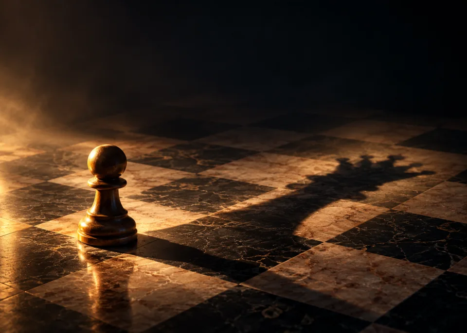 Shadow Queen: A lone pawn casting a long shadow shaped like a queen, dramatic low side light.
