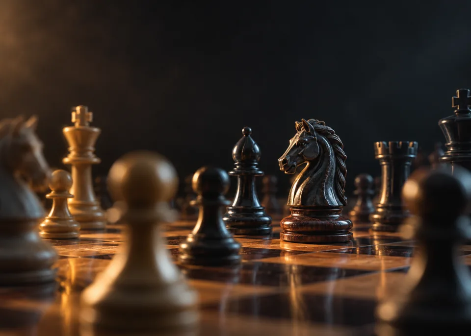 The Knight: A low angle across a wooden board mid-game, blurred pawns in the foreground, a knight in sharp focus.