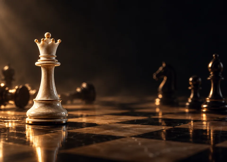 White Queen: A white queen in sharp close-up, the rest of the board falling away into darkness.