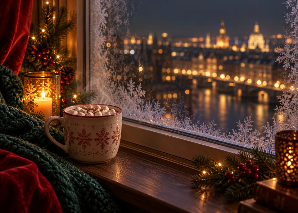 Cocoa Window: A mug of hot cocoa on a windowsill, frost on the glass, city lights blurred outside at night.