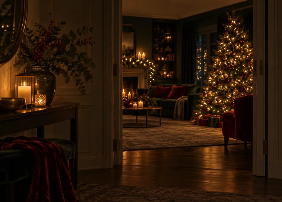 Doorway Tree: A decorated tree in a dark living room seen through a doorway, only its lights glowing.