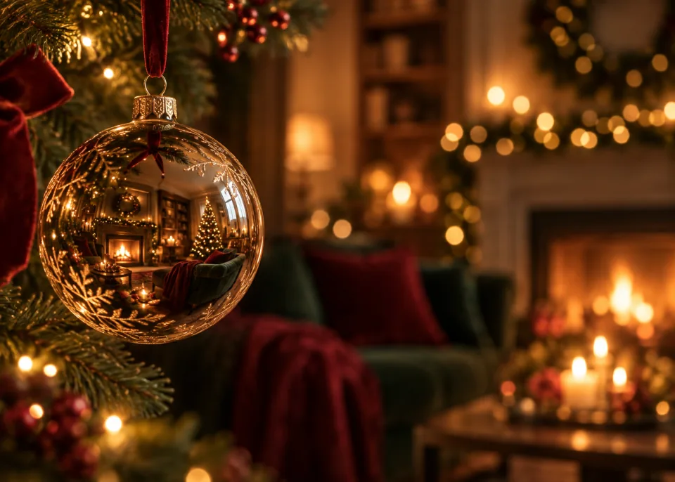 Glass Bauble: A single glass bauble hanging in close-up, reflecting a warm room, golden bokeh behind.