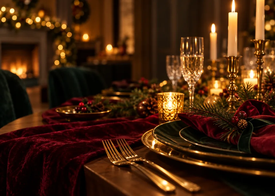 Holiday Table: A candlelit holiday table, gold cutlery and pine sprigs, very shallow depth of field.