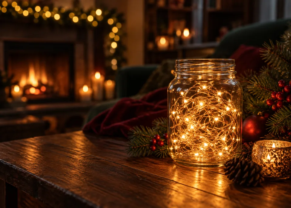 Jar of Lights: Warm fairy lights coiled inside a glass jar on a dark wooden table.