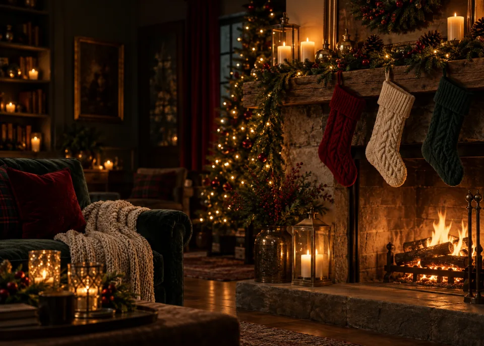 Mantel Glow: A fireplace mantel with knitted stockings and lit candles, low warm light, the rest of the room in shadow.