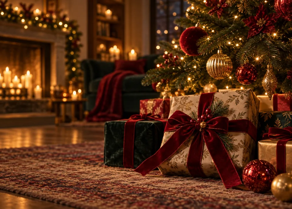 Under the Tree: Wrapped gifts tied with red velvet ribbon under a decorated tree, low angle, fairy-light bokeh.