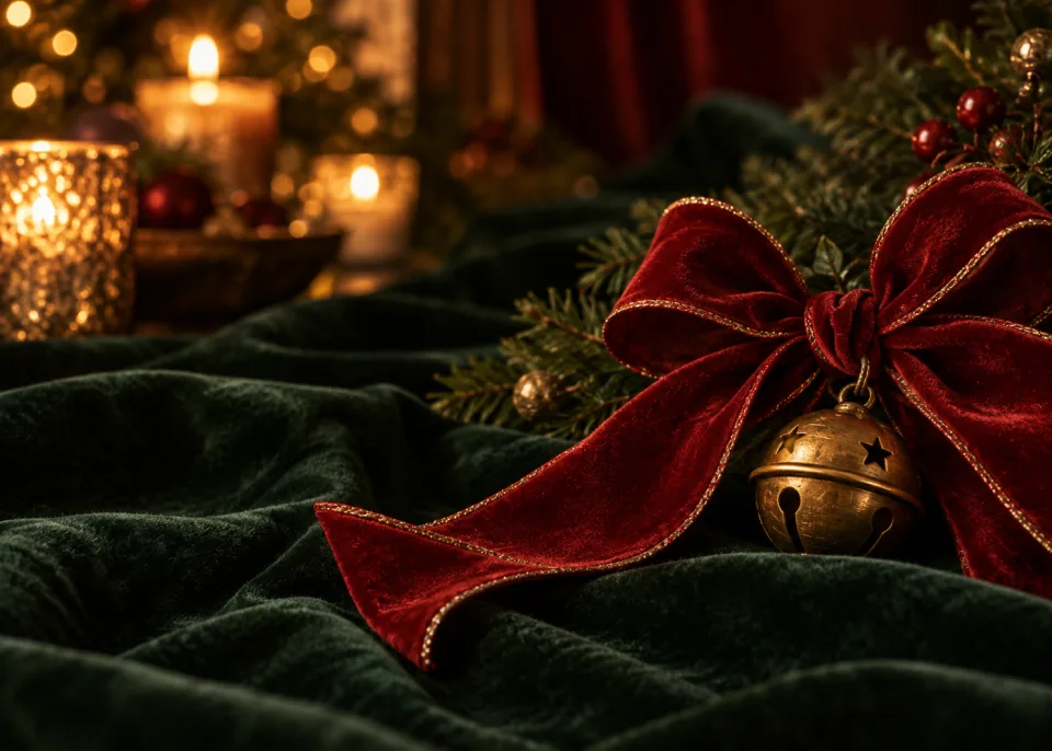Velvet Bow: Close-up of a ribbon bow and a small brass bell on dark green velvet.