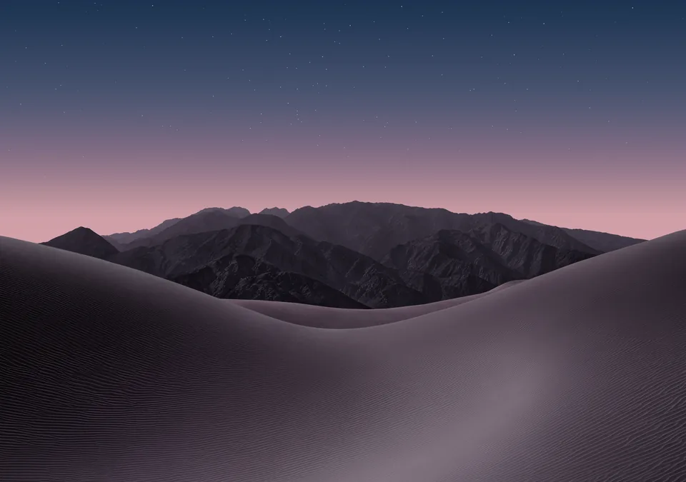 iPhone Duo default inner display Home Screen wallpaper, dark version: violet sand dunes and dark mountains under a starry dusk sky with a pink horizon.