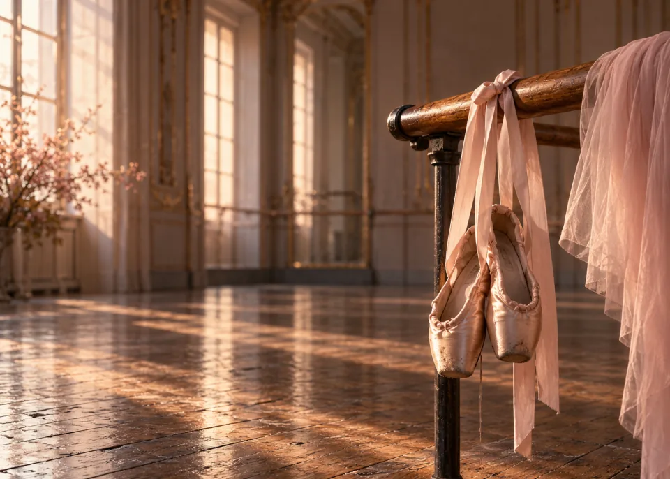 Barre Ribbons: Worn satin pointe shoes hanging by their ribbons from a wooden barre, soft window light.