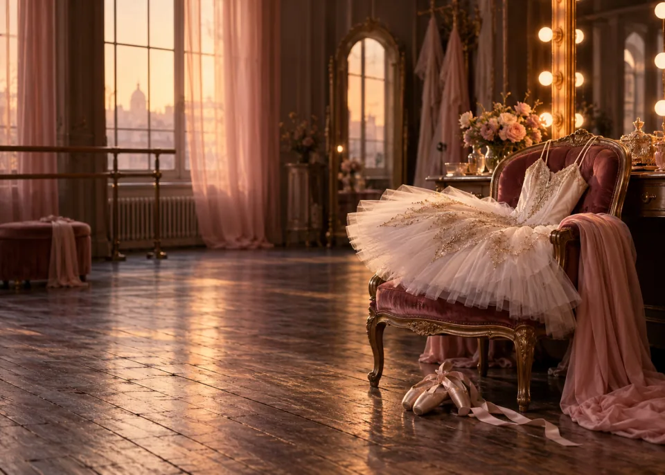 Dressing Room: A white tutu laid over a velvet chair in a dressing room lit by warm bulbs.