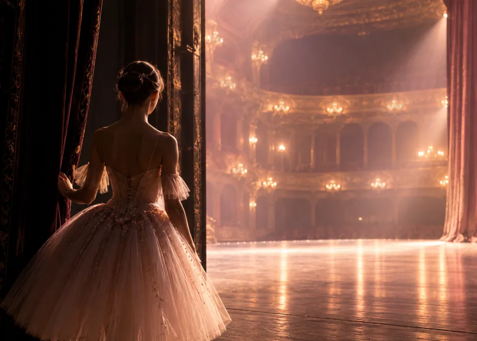 In the Wings: A ballerina seen from behind in the dark wings of a theatre, looking out at the brightly lit stage.