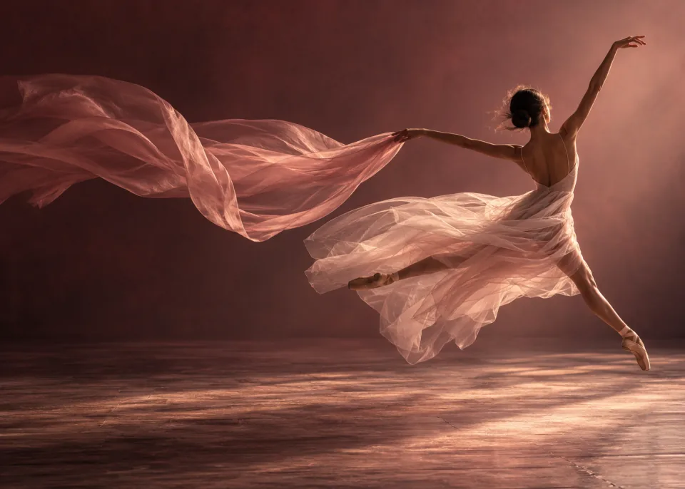 Mid-Leap: A dancer's mid-leap silhouette against a deep rose backdrop, a silk scarf flowing behind her.