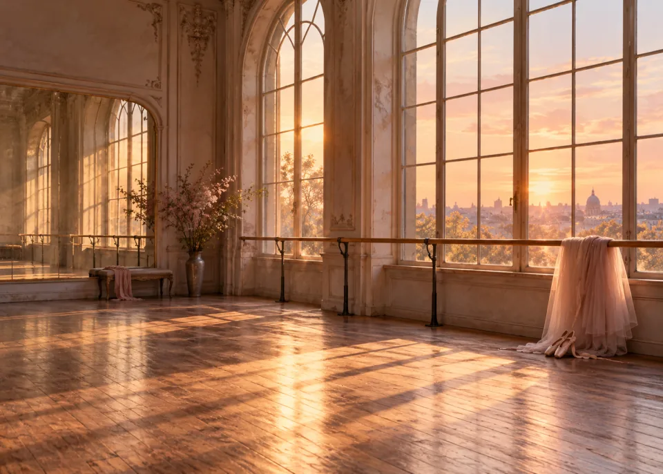Rehearsal Room: An empty rehearsal studio with a long barre and tall windows in late afternoon sun, dust in the light.