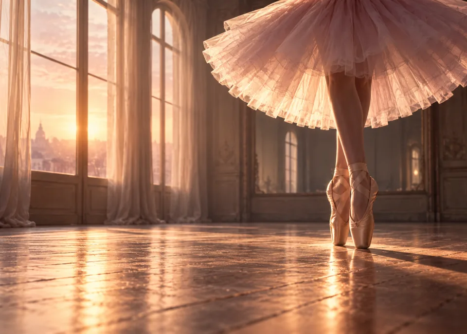 Silhouette: A dancer en pointe in silhouette, cropped at the knees, her tutu glowing in backlight.