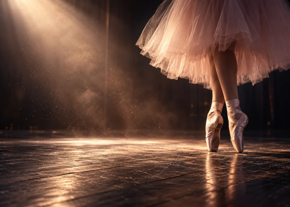Spotlight: A dancer's feet in pointe shoes on a dark wooden stage under a single spotlight, rosin dust in the air.