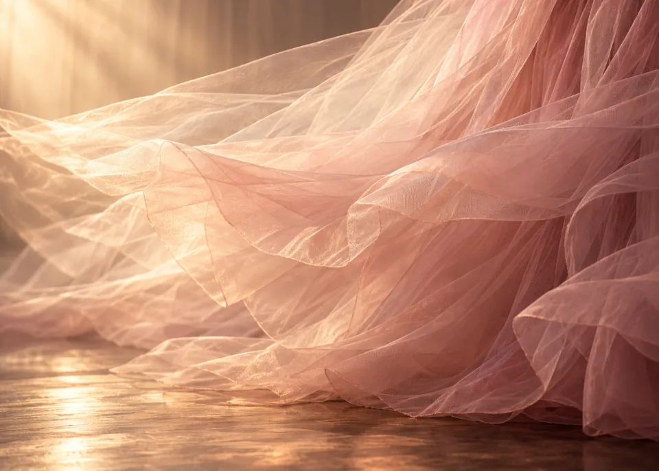 Tulle: Macro of layered blush tulle catching warm light, soft folds.
