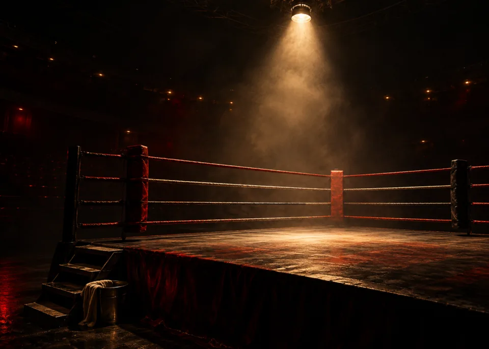 Empty Ring: An empty boxing ring under one overhead spotlight, the ropes glowing, the arena dark around it.