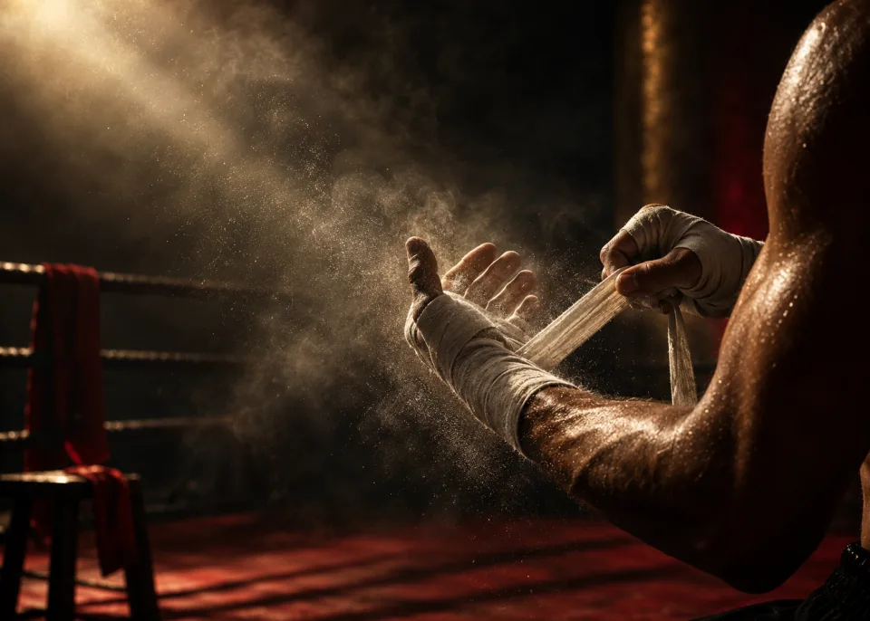 Hand Wraps: Close-up of hands being wrapped in white tape, chalk dust drifting through a shaft of light.