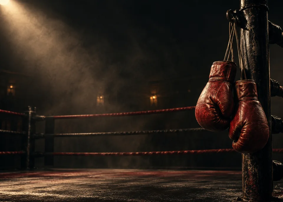 Hanging Gloves: A pair of worn red boxing gloves hanging by their laces from a ring post, single spotlight, haze.