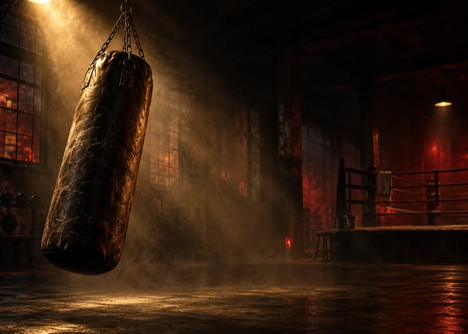 Heavy Bag: A leather heavy bag swinging on its chain in an old gym at night, dust in the air.