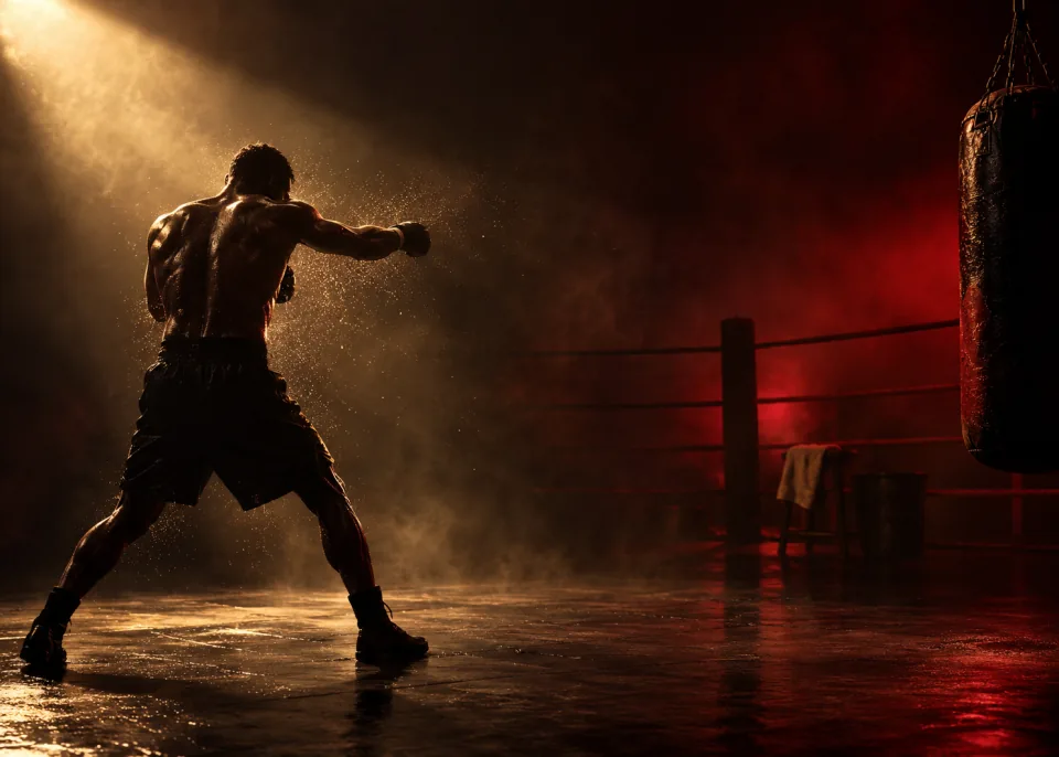 Shadowboxing: A boxer in silhouette shadowboxing, backlit, droplets of sweat caught in the light.