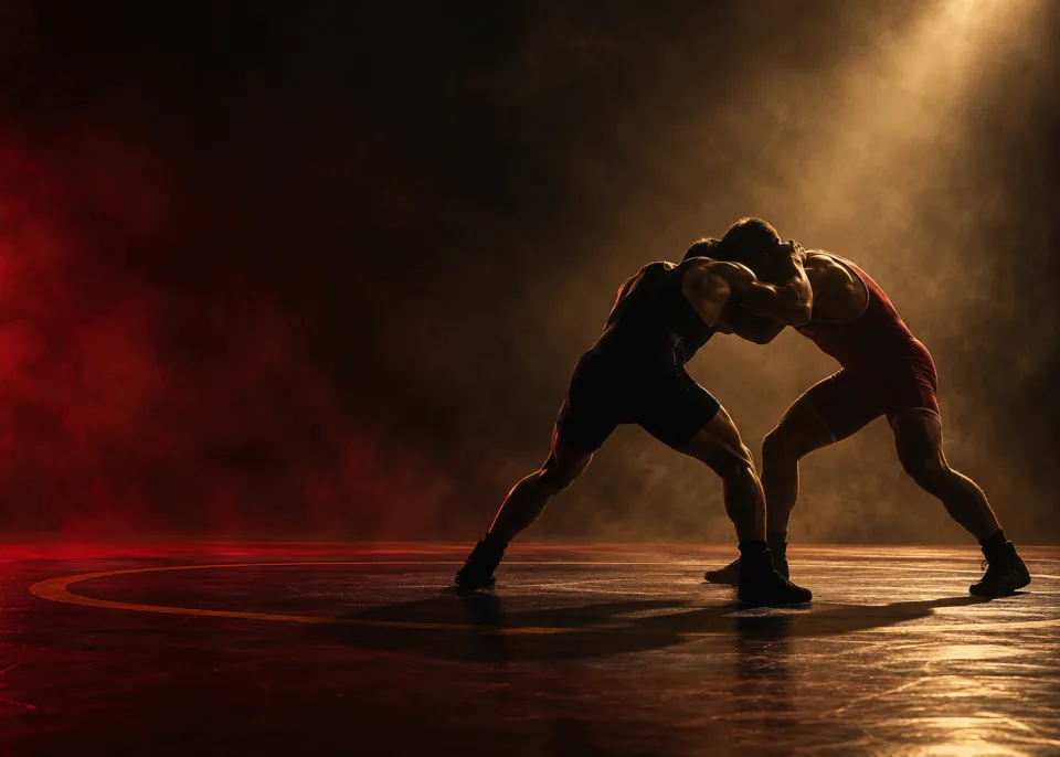 Tie-Up: Two wrestlers in silhouette locked in a tie-up on a mat, strong rim light, faces hidden.
