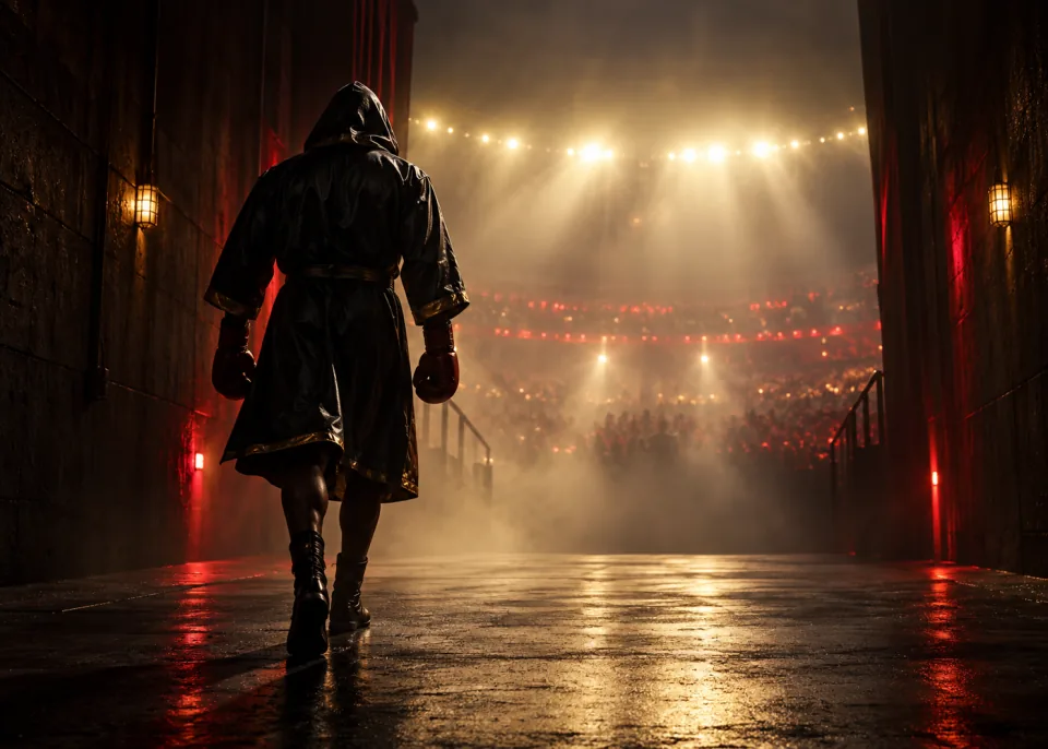 Walkout: A fighter seen from behind with the hood up, walking down a dark tunnel toward a bright arena, haze.