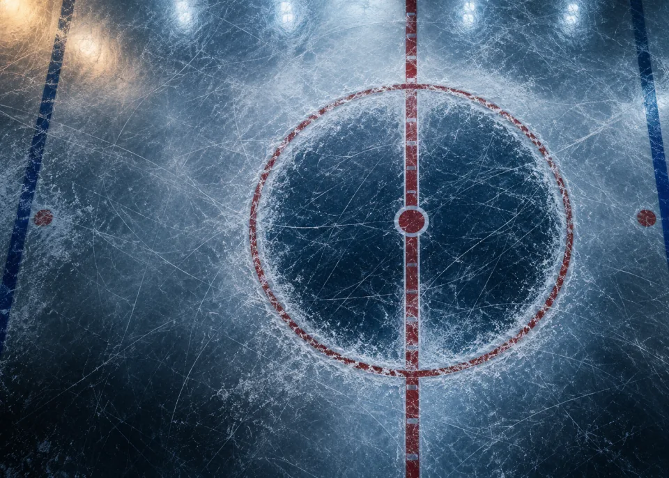 Faceoff Circle: The faceoff circle seen from directly above, crisscrossed skate marks, empty rink.