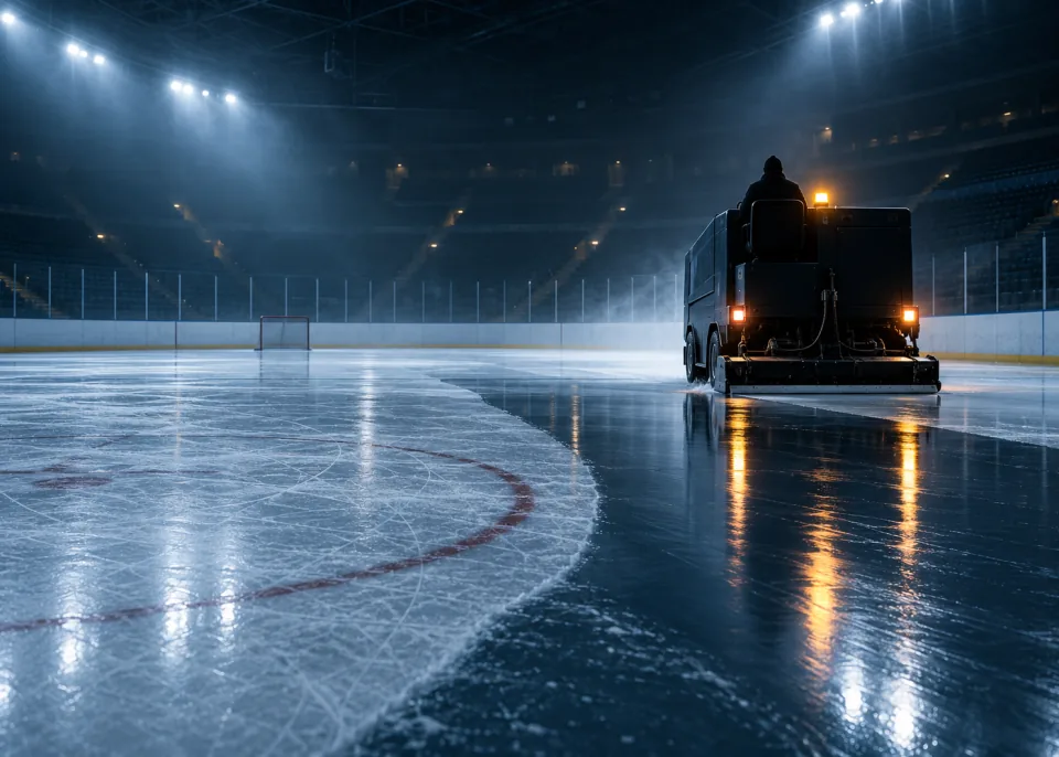 Fresh Sheet: An ice resurfacer leaving a glossy wet trail across an empty, dim rink.