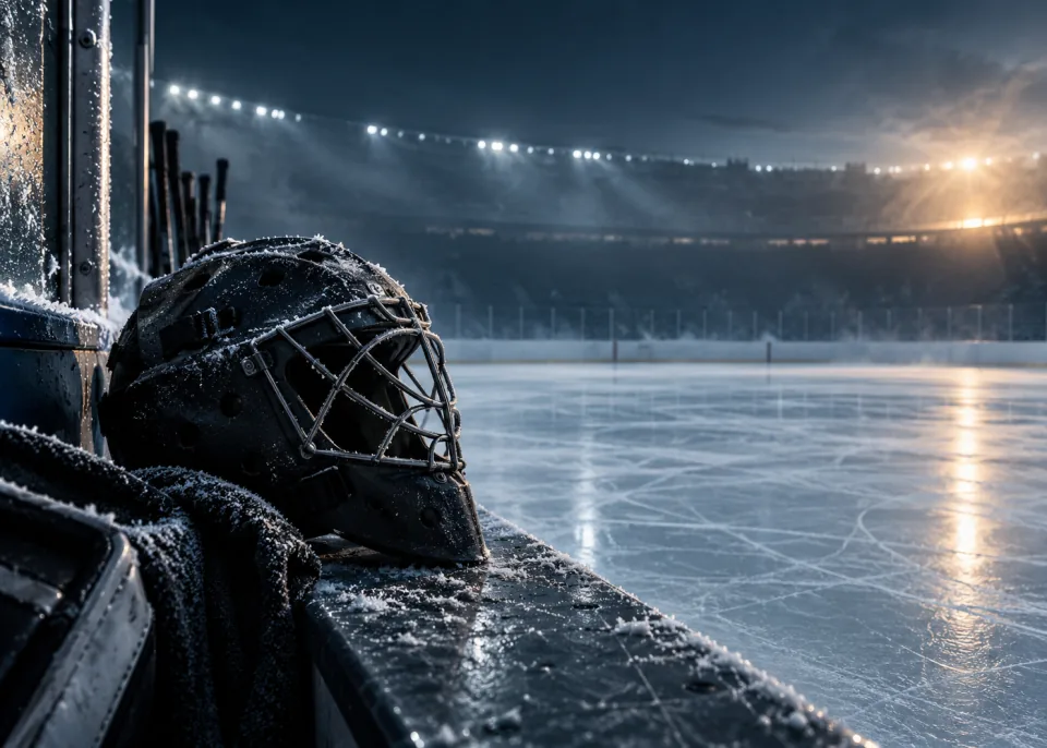 Goalie Mask: A matte black goalie mask resting on the bench, frost on the boards, cold rim light.
