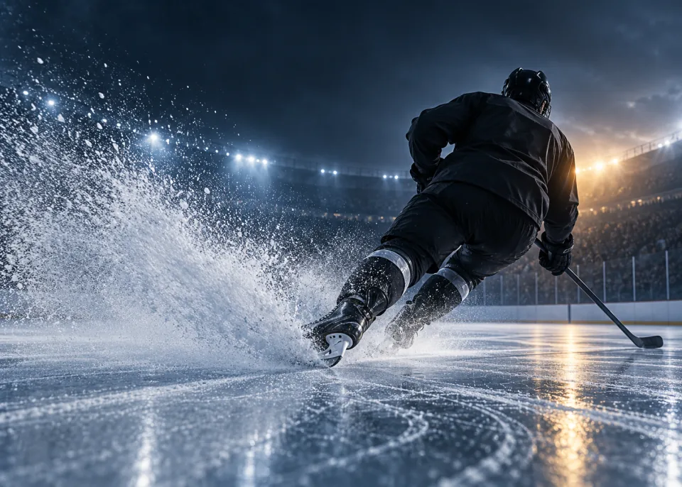 Hard Stop: A skate blade carving a hard stop, a fan of ice spray frozen in the air, backlit.