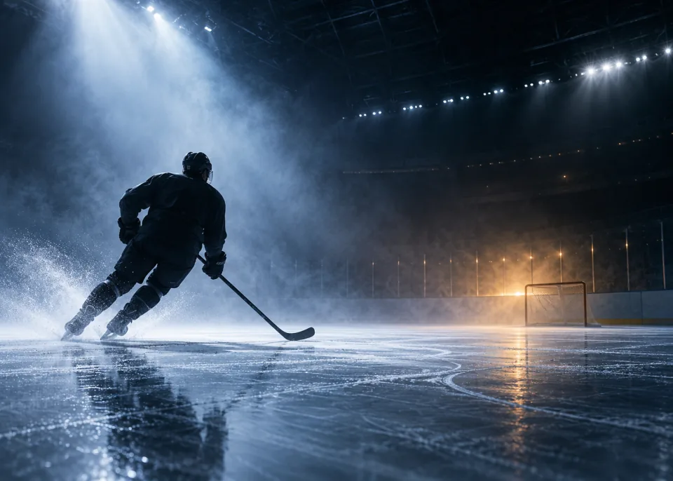 Lone Skater: An anonymous skater in silhouette gliding through arena haze, spotlight from above.