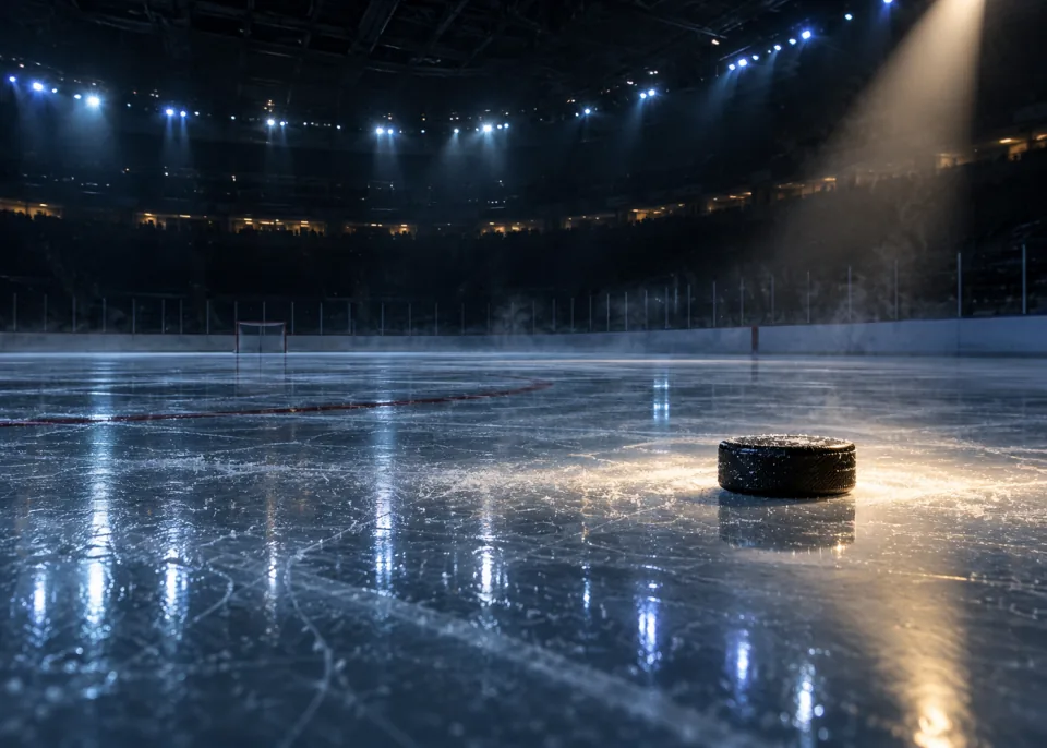 Puck Light: A black puck on freshly resurfaced ice under a single spotlight, mirror-like reflection, dark arena behind.