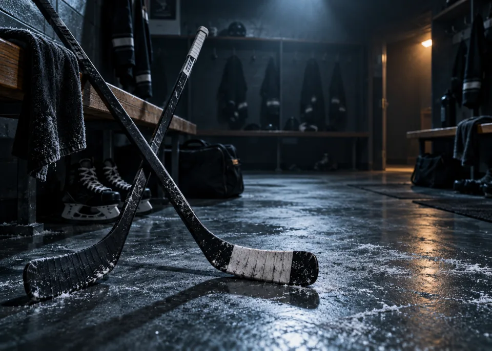 Taped Sticks: Two crossed hockey sticks taped in black and white on a locker-room floor, moody top light.