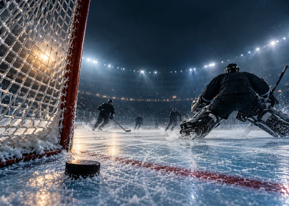 The Crease: The goal net seen from ice level, mesh catching the light, puck in the crease.