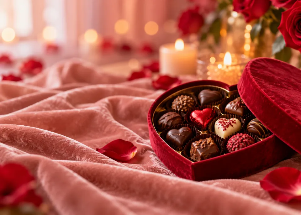 Chocolate Box: An open heart-shaped box of chocolates on blush pink velvet, very shallow depth of field.