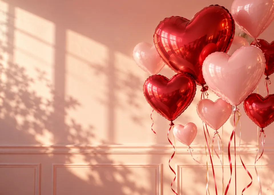 Heart Balloons: Pink and red heart-shaped balloons floating against a blush wall, soft afternoon light.