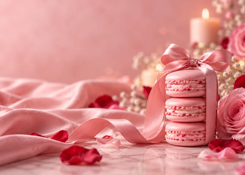 Macaron Stack: A stack of pink macarons tied with a satin ribbon, pastel pink background, soft light.